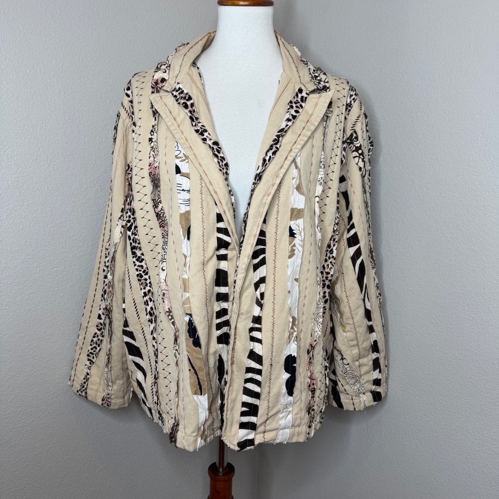 LIFE STYLE WOMAN Open Front Jacket 3X Patchwork‎ Embroidered Animal Print Artsy